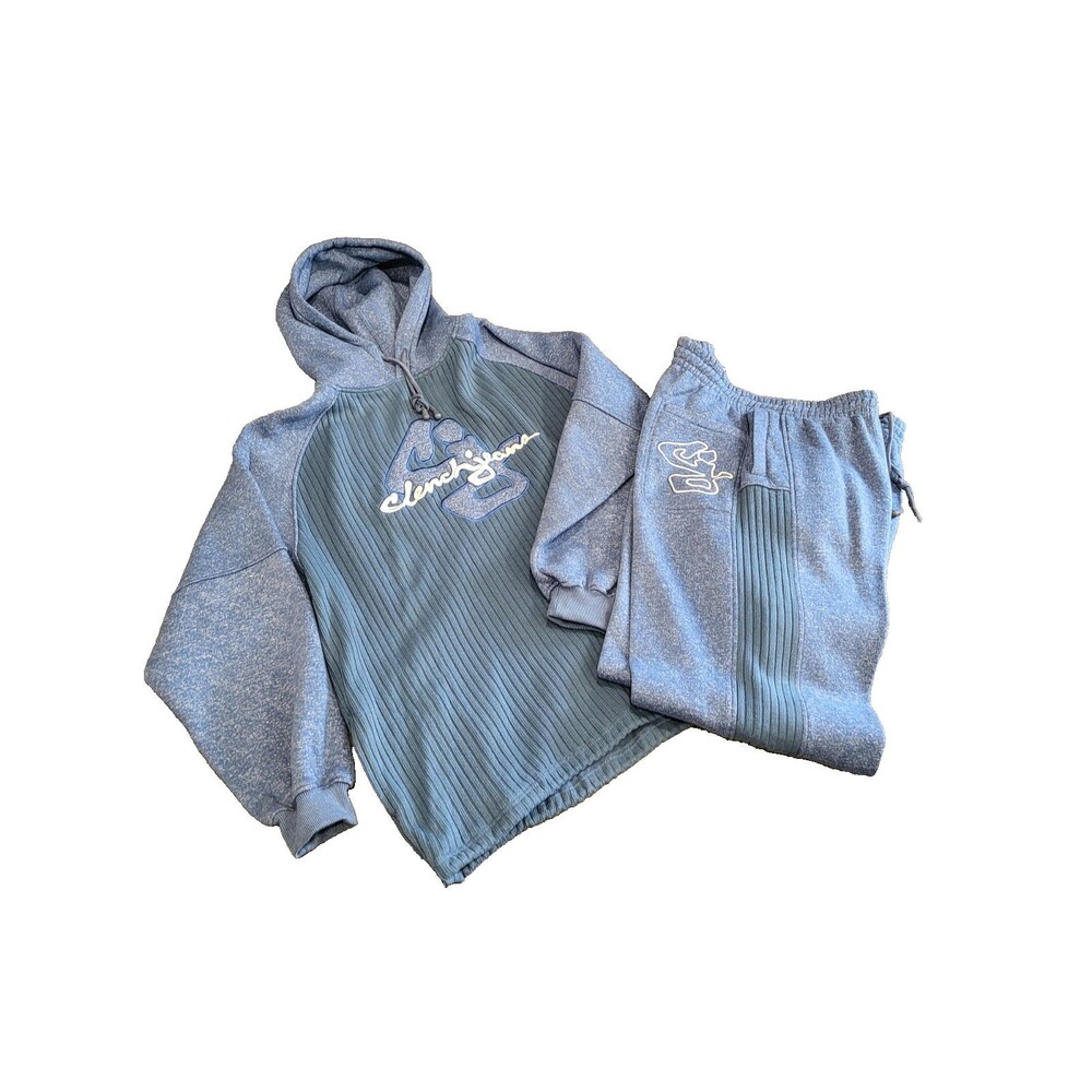Clench Jeans Blue Hoodie Pants Set 2XL Ribbed Panels Retro Vintage Streetwear